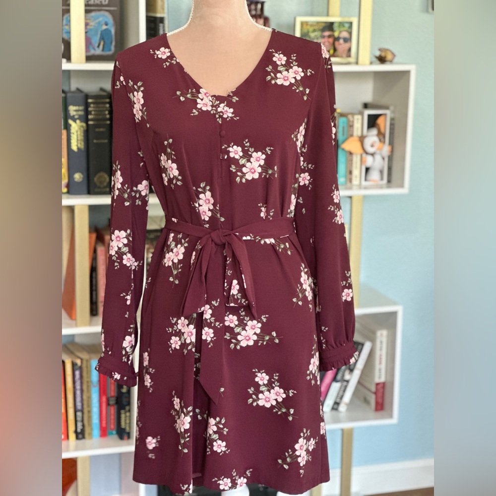 Burgundy Floral dress with V-Neck